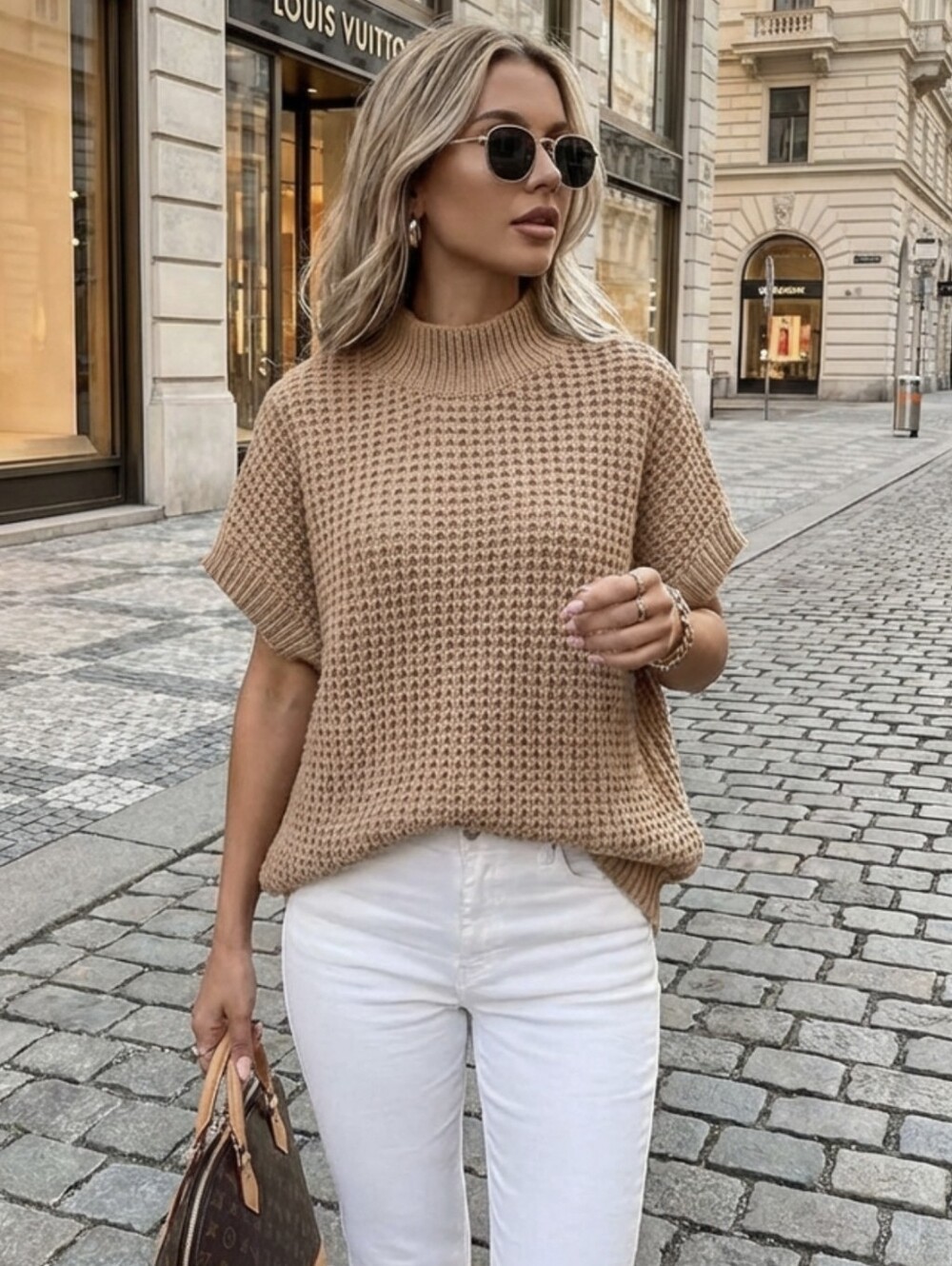 New! Open Knit Cap Sleeve Mock Neck Sleeveless Sweater - Small